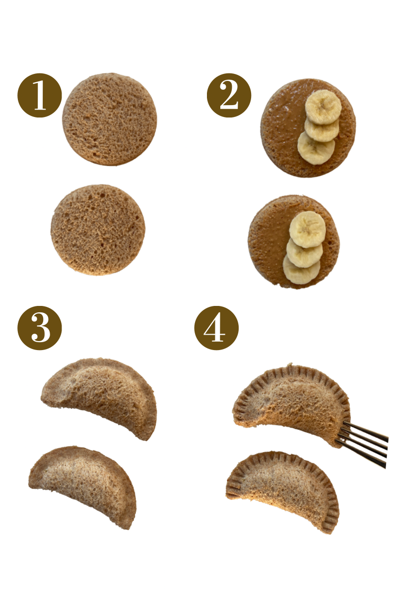 Steps to make peanut butter and banana empanada sandwiches. Specifics provided in recipe card.