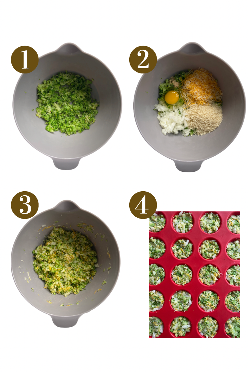 Steps to make broccoli and cheese bites. Specifics provided in recipe card.