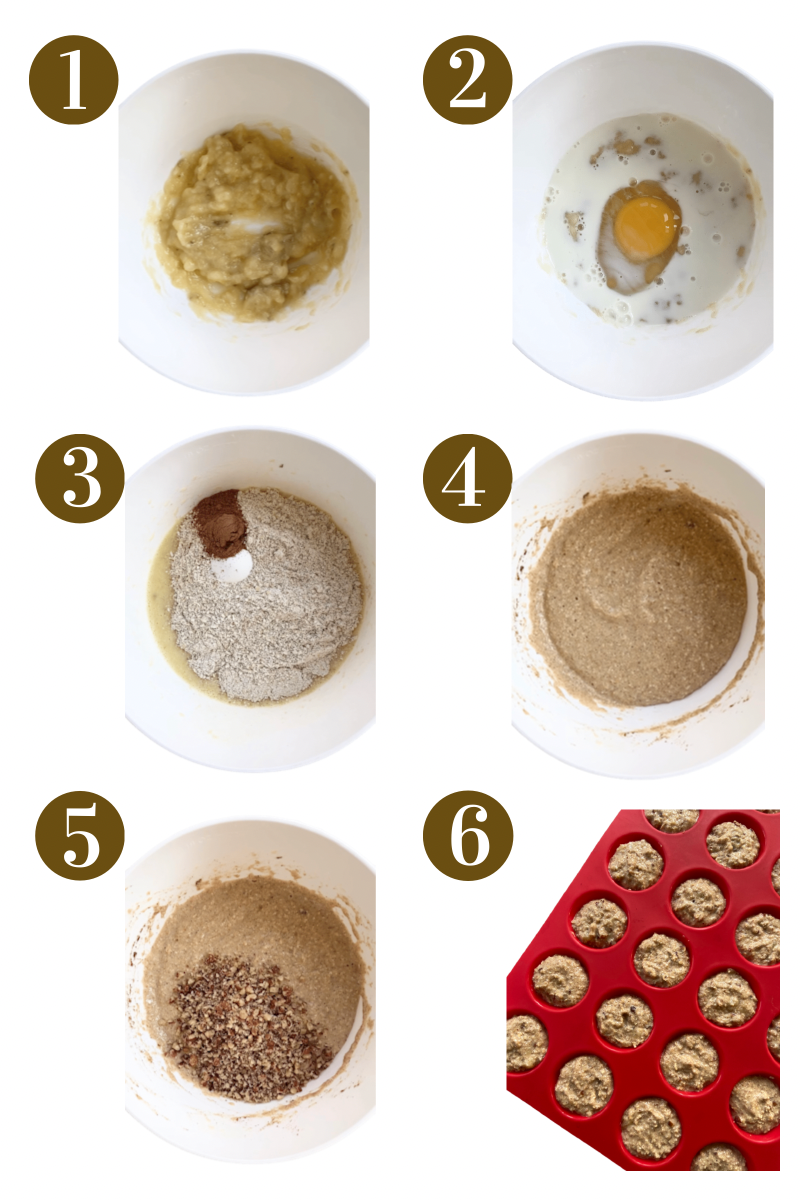 Steps to make banana nut muffins. Specifics provided in recipe card.
