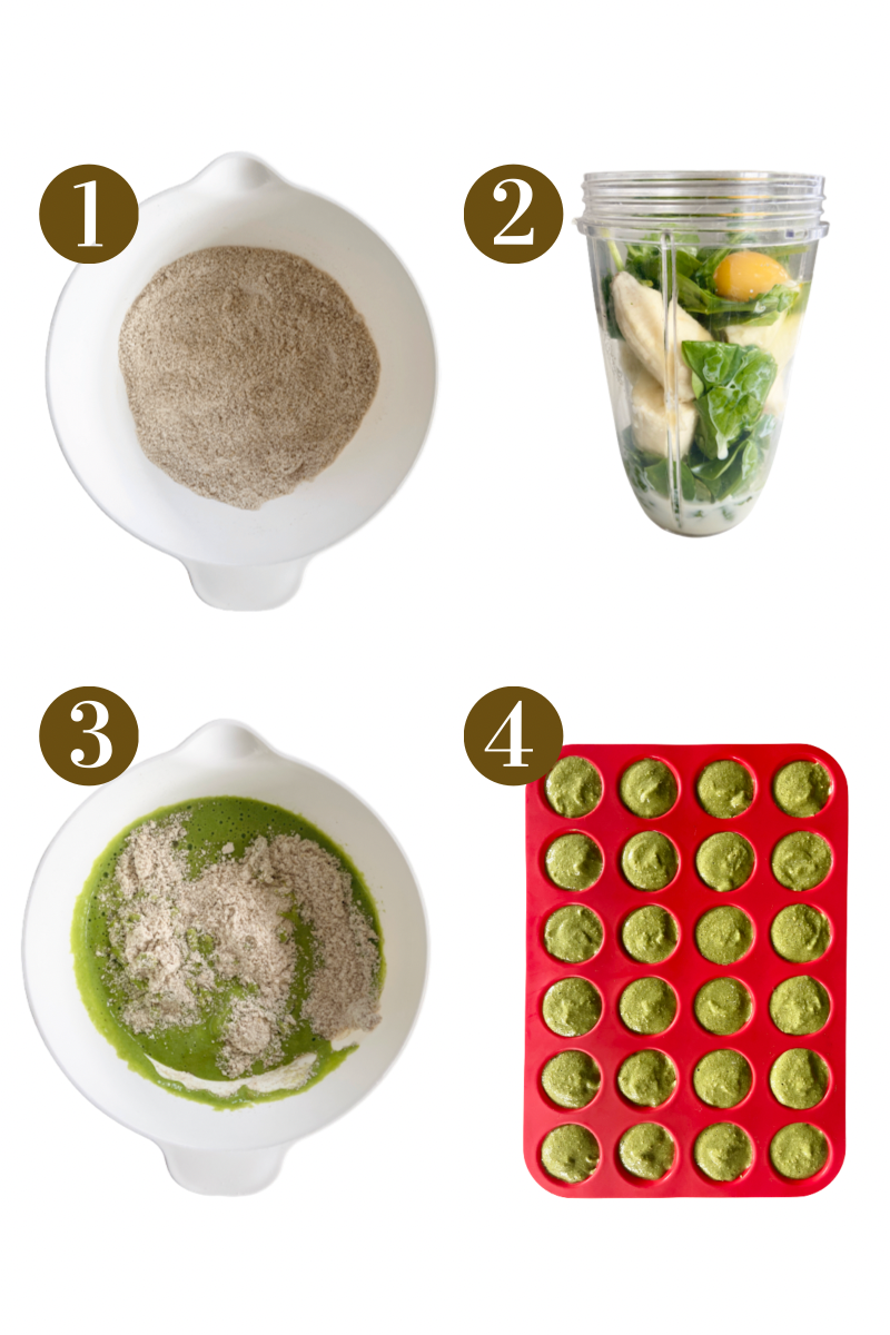 Steps to make spinach banana muffins. Specifics provided in recipe card.