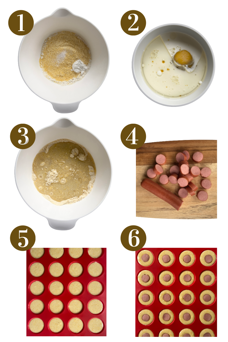 Steps to make corndog bites. Specifics provided in recipe card.