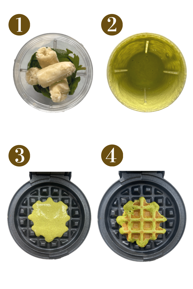 Steps for making spinach banana waffles. Specific provided in recipe card.