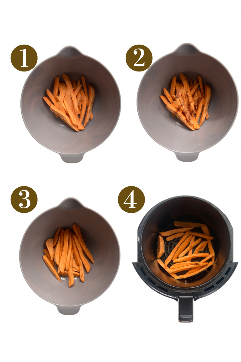 Steps to make air fryer sweet potatoes. See recipe card for step by step process instructions.