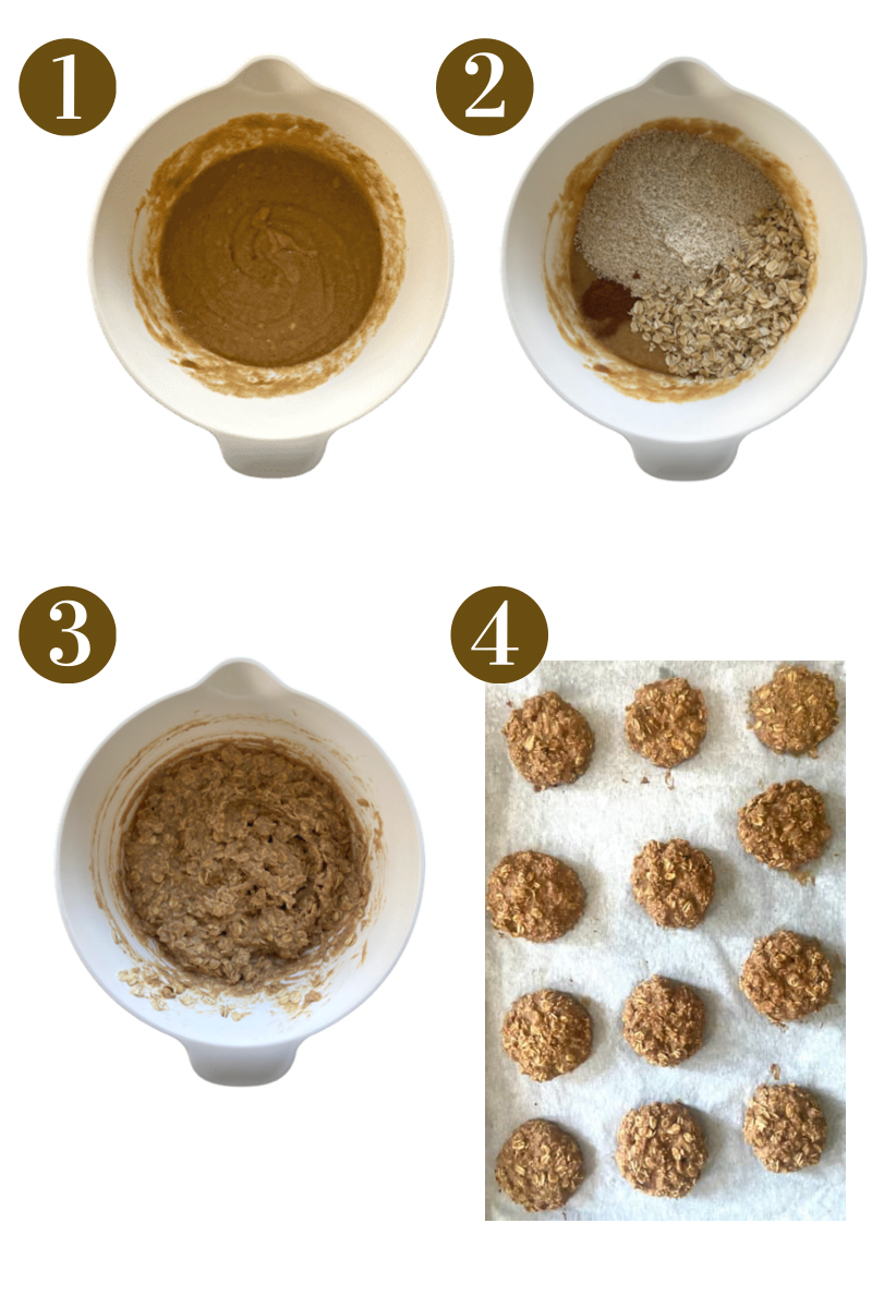 Step by step photos demonstrating how to make peanut butter and banana cookies. Specifics provided in recipe card.