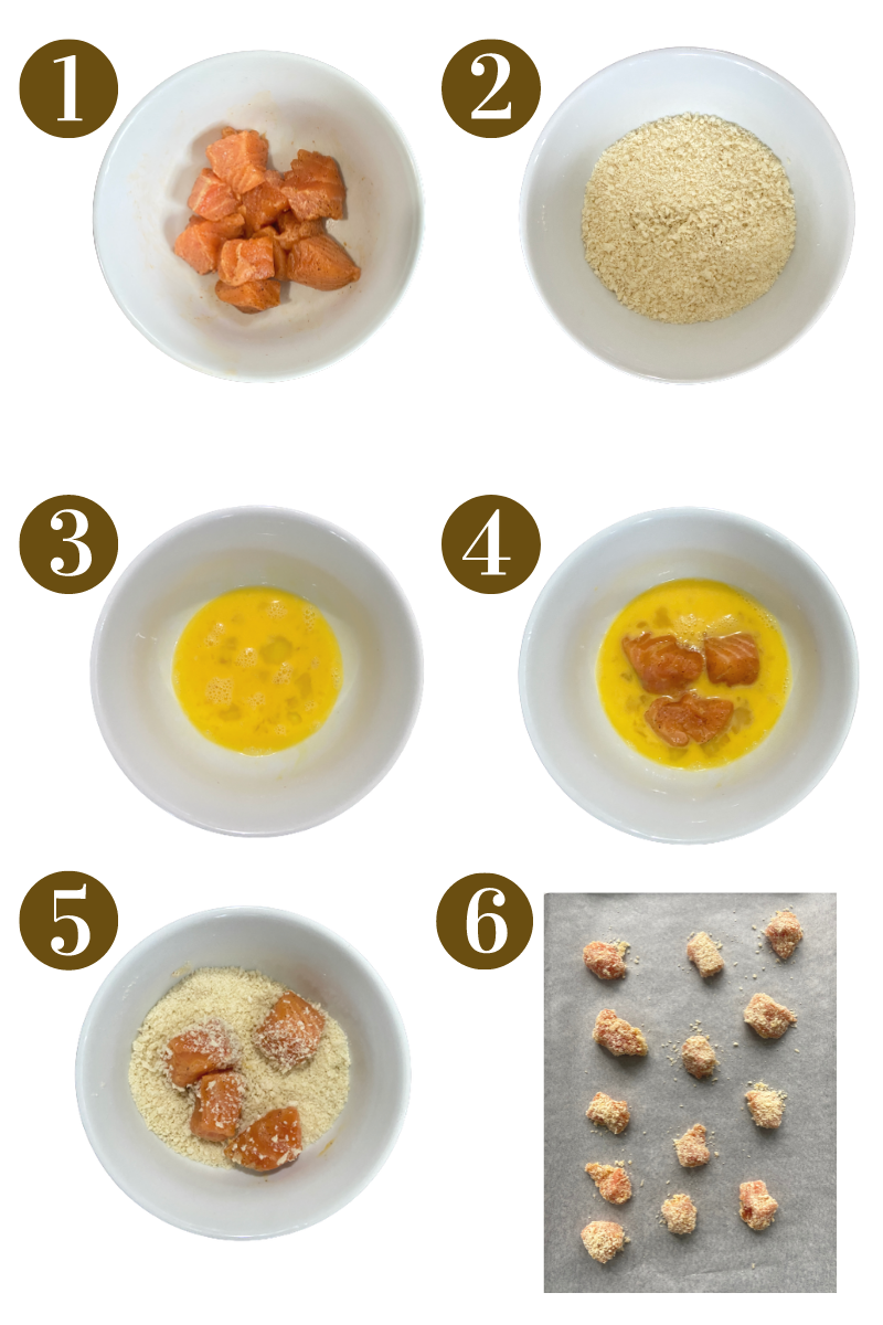 Steps to make salmon nuggets. See recipe card for detailed process instructions.