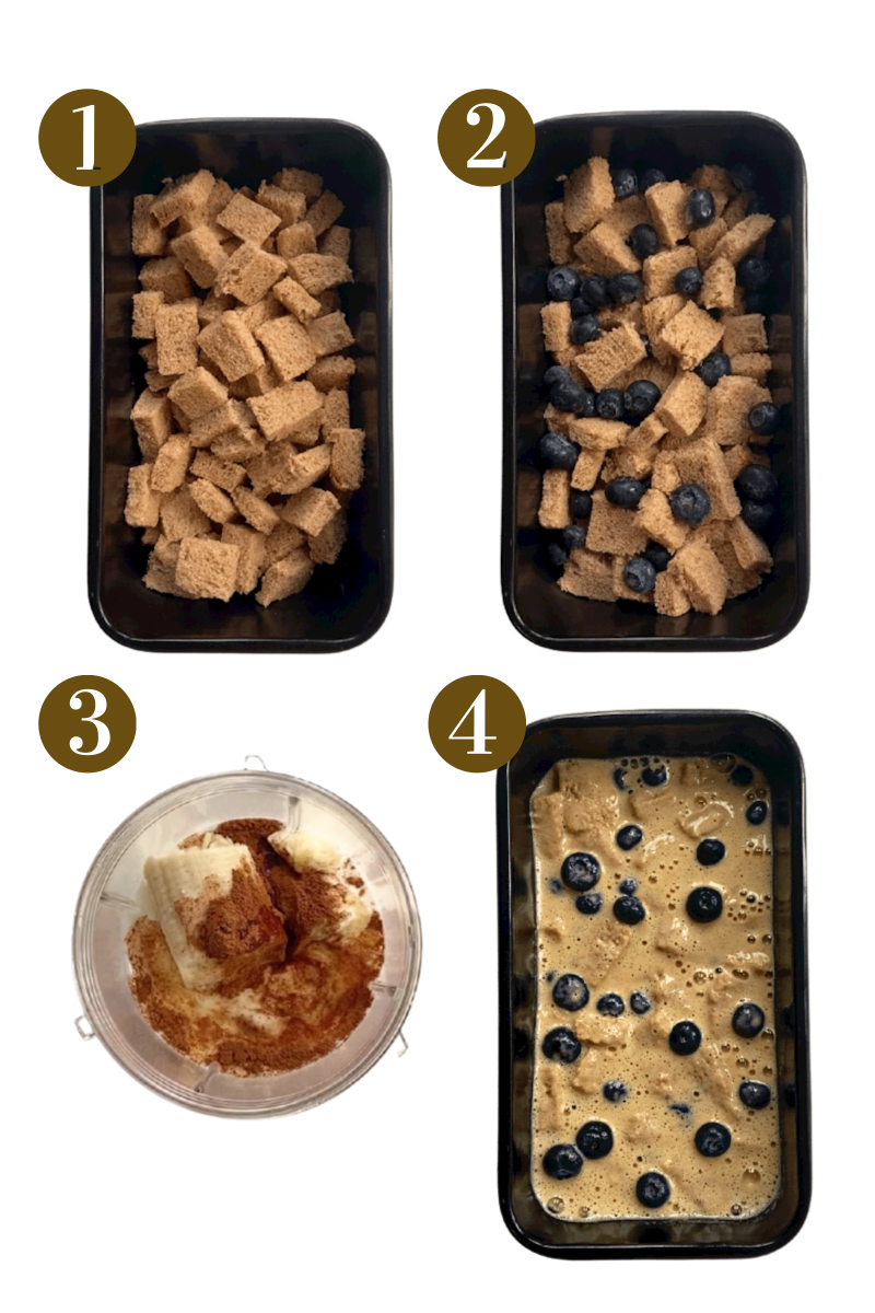 Steps to make blueberry French toast bake. Specifics provided in recipe card.