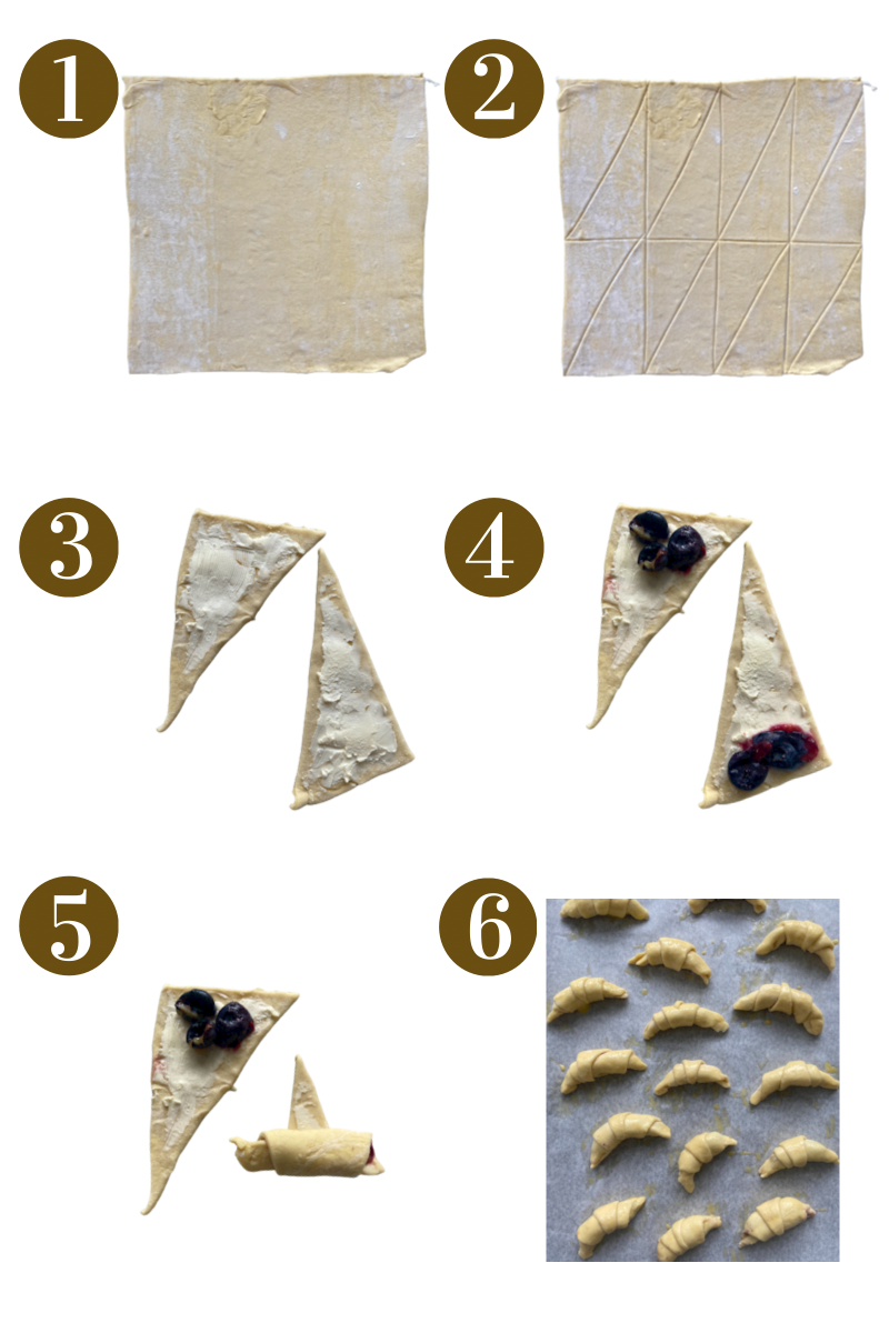 Step by step photos demonstrating how to make blueberry croissants. Specifics provided in recipe card.