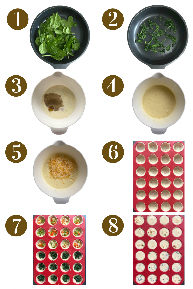 Steps to make mini spinach quiche. See recipe card for detailed process instructions.