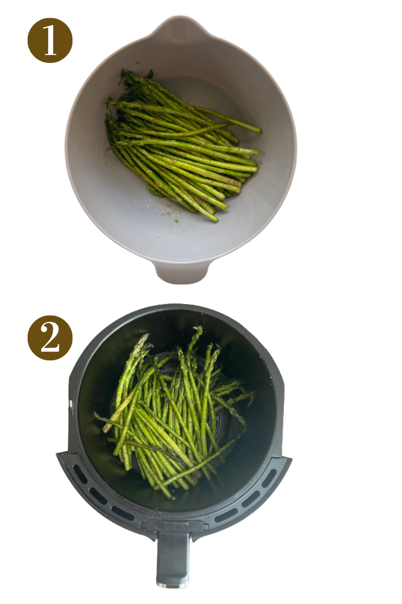 Steps to make air fryer asparagus. See recipe card for detailed step by step process instructions.