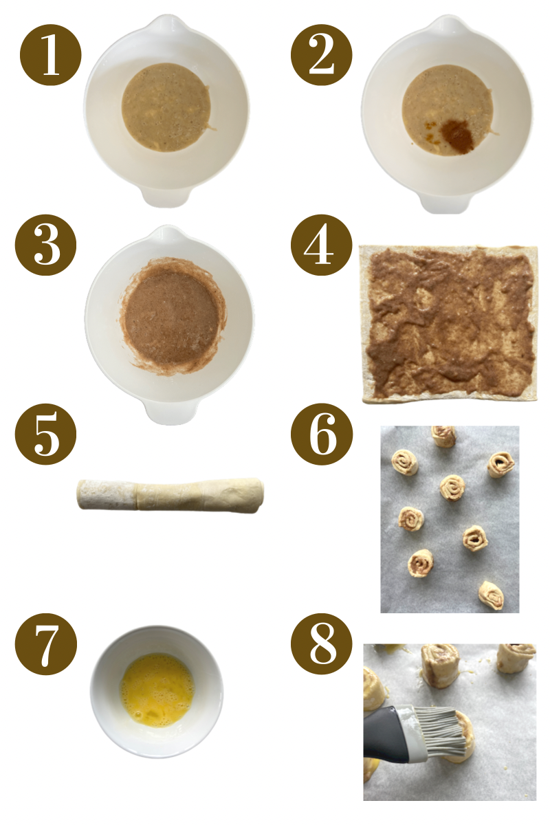 Step by step photos demonstrating how to make banana cinnamon rolls. Specifics provided in recipe card.