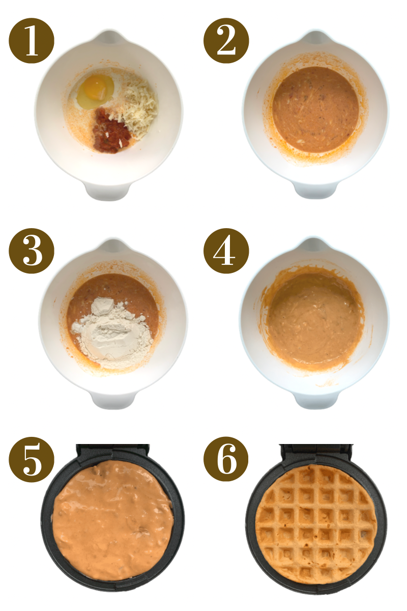 Steps for making pizza waffles. Specific provided in recipe card.