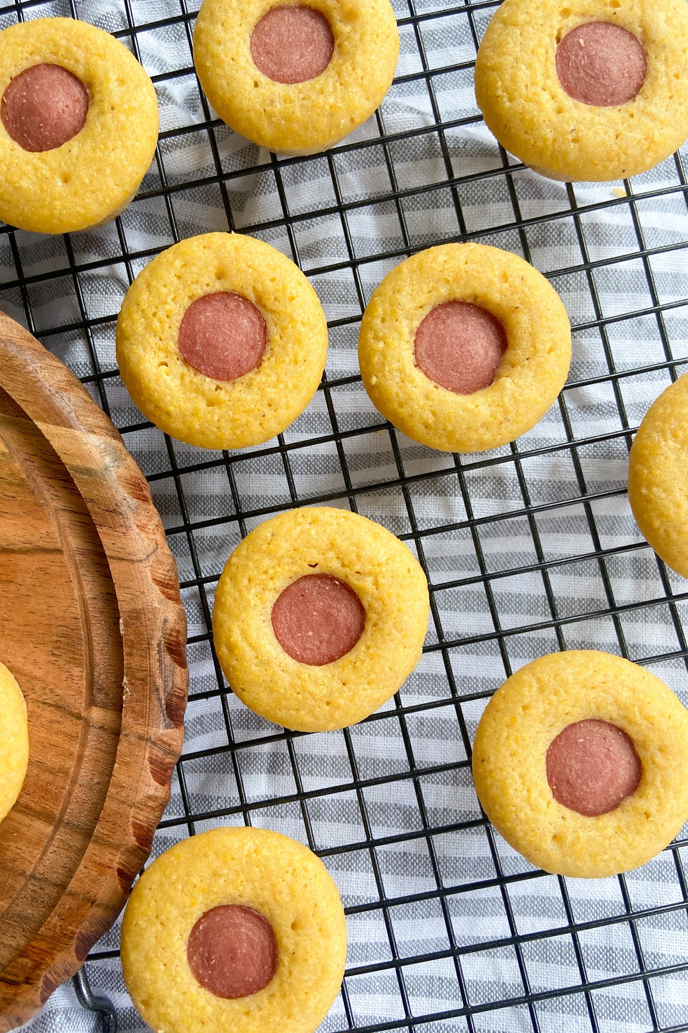 Corndog bites set to cool on a cooling rack