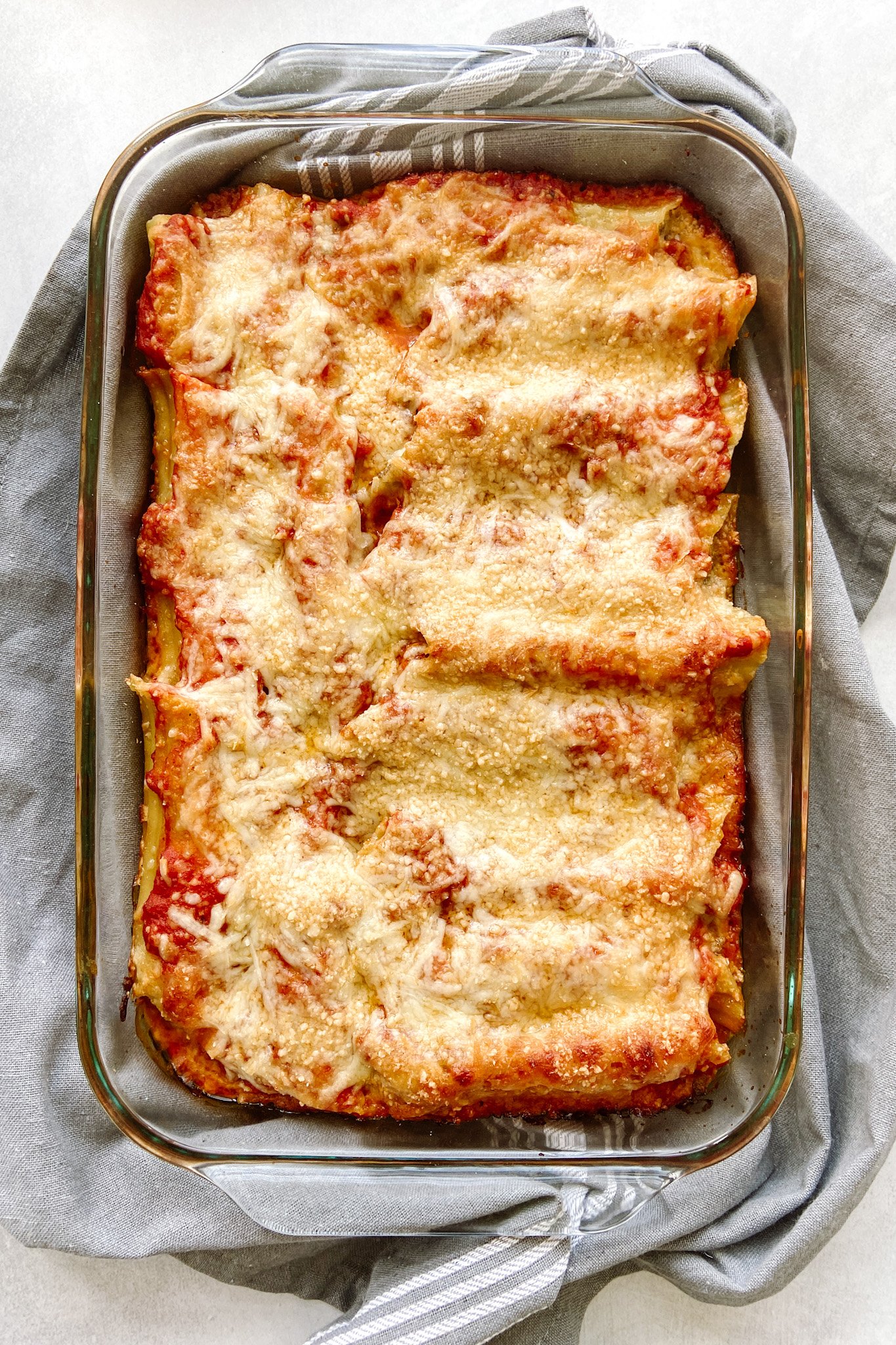 Cheesy beef manicotti fresh out of the oven