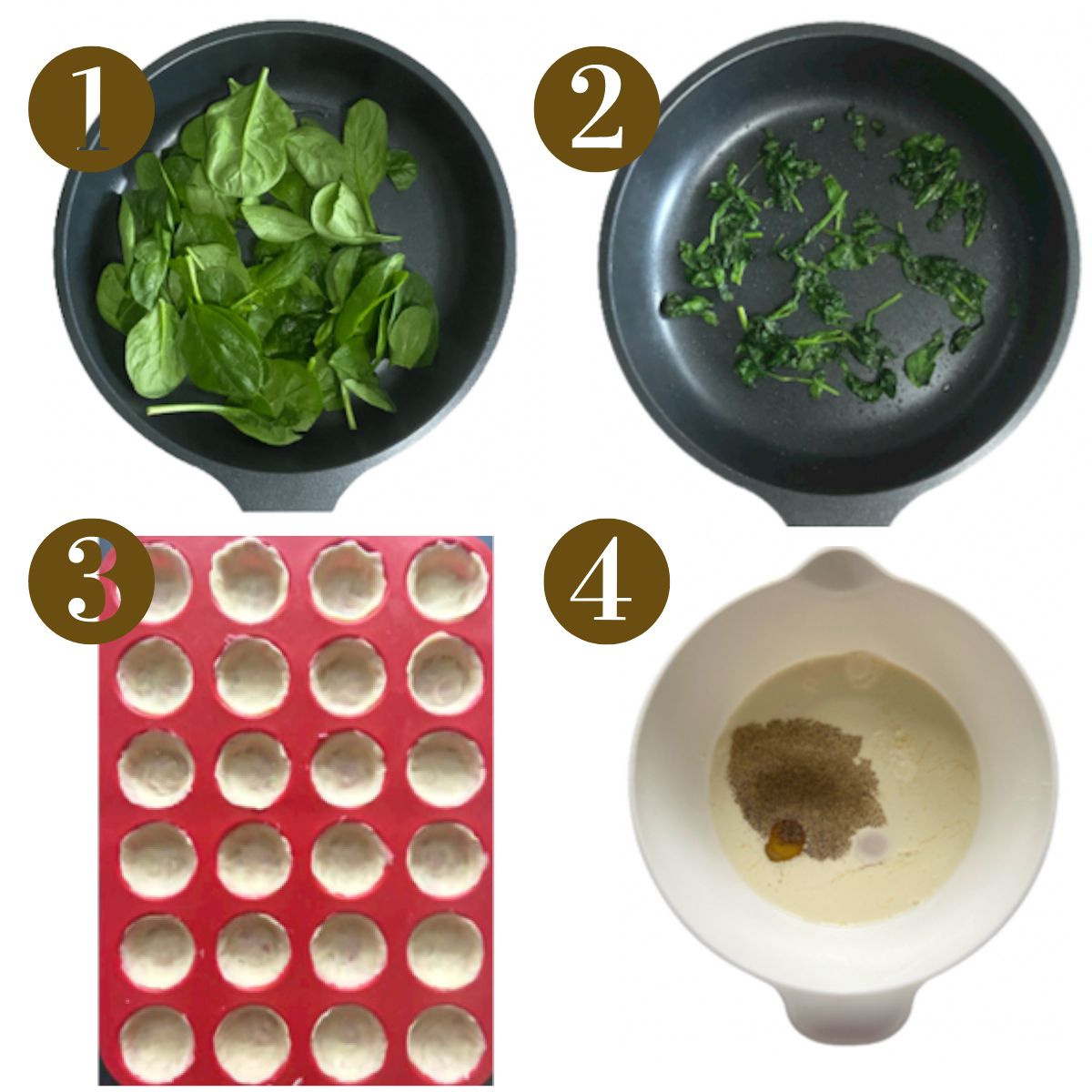 Steps to make mini spinach quiche.