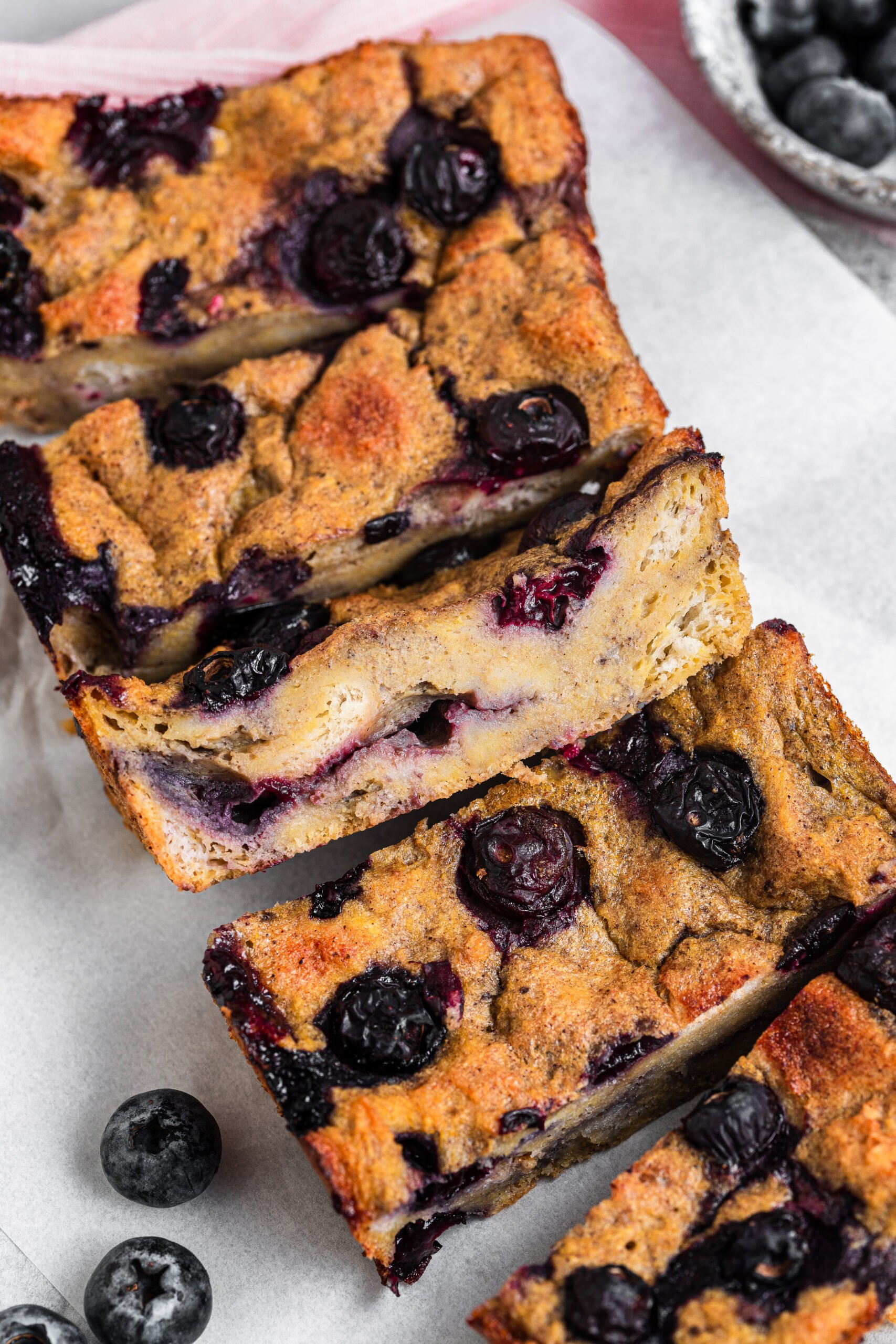 Blueberry French toast bake sliced into strips