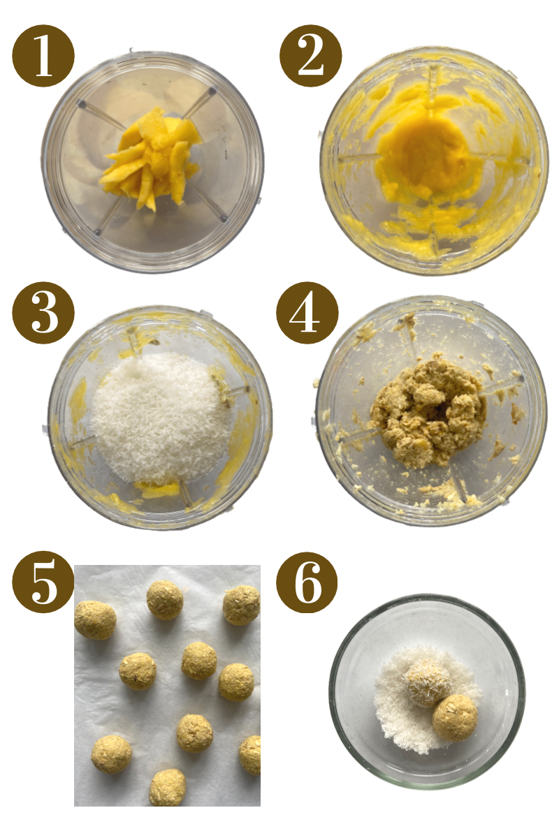 Step by step process to create mango bliss balls. See recipe card for detailed instructions.