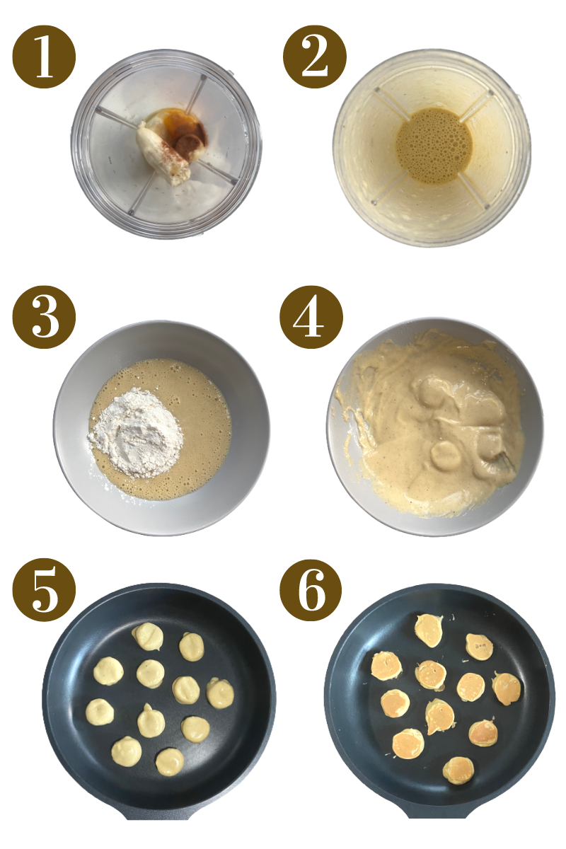 Steps to make banana pancake bites. See recipe card for detailed instructions.