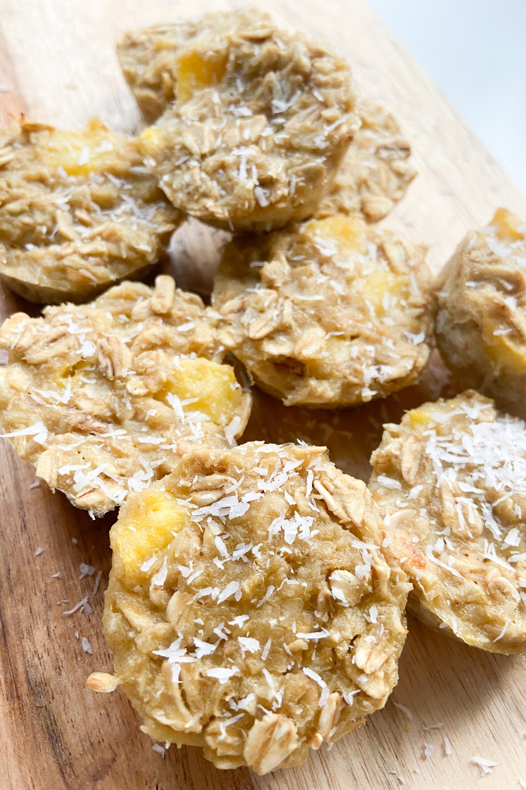 Mango banana oat bites with a sprinkle of coconut on top