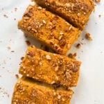 Pumpkin French toast bake sliced into four pieces.