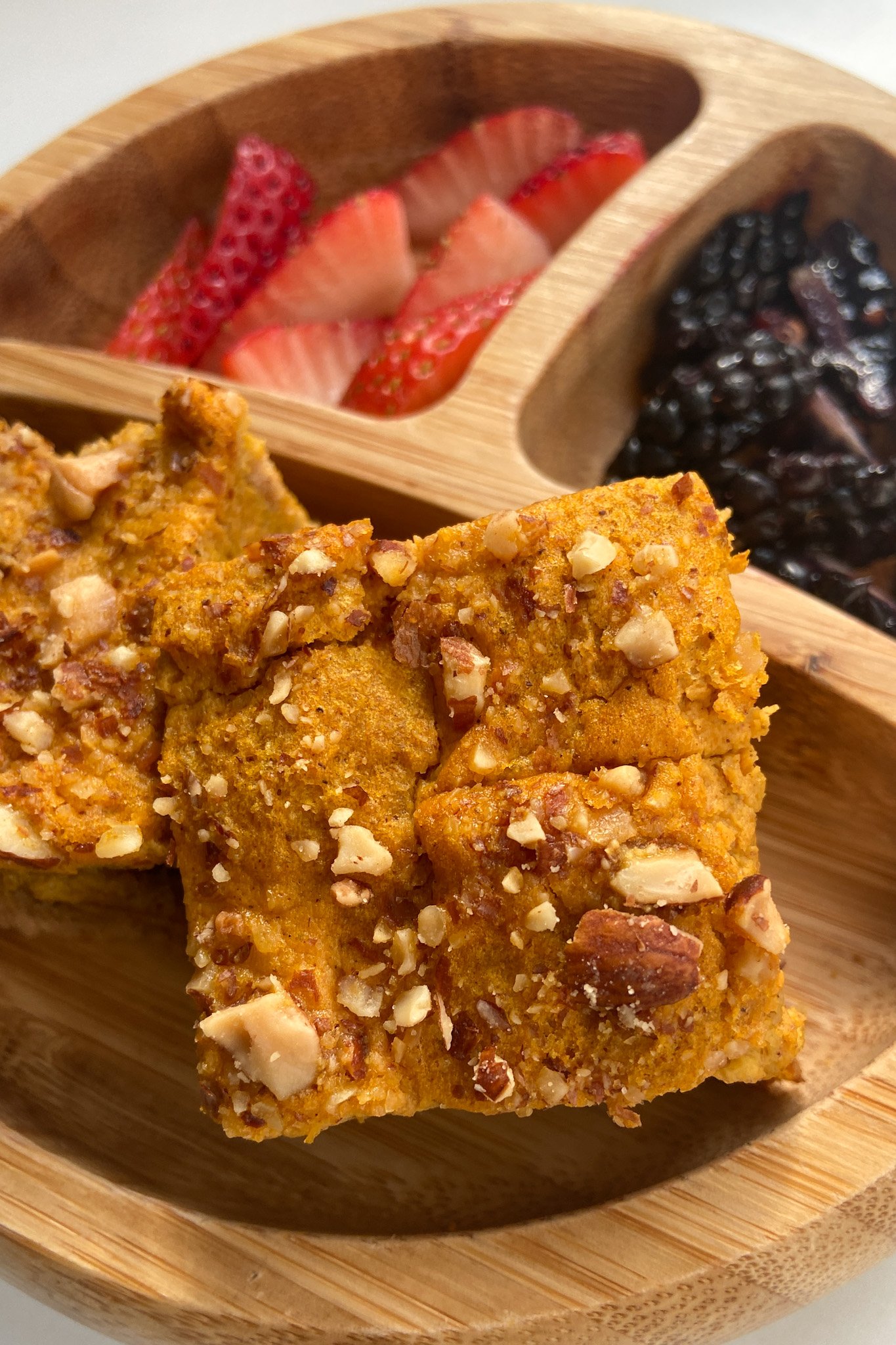 Pumpkin French toast bake served with strawberries and blackberries