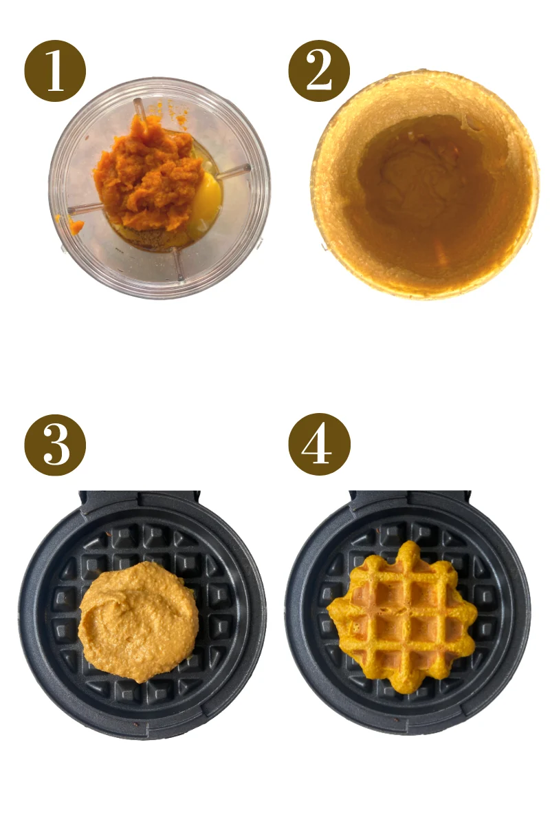 Steps to make pumpkin waffles. See recipe card for detailed process instructions.