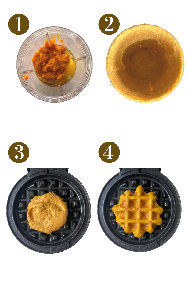 Steps to make pumpkin waffles. See recipe card for detailed process instructions.