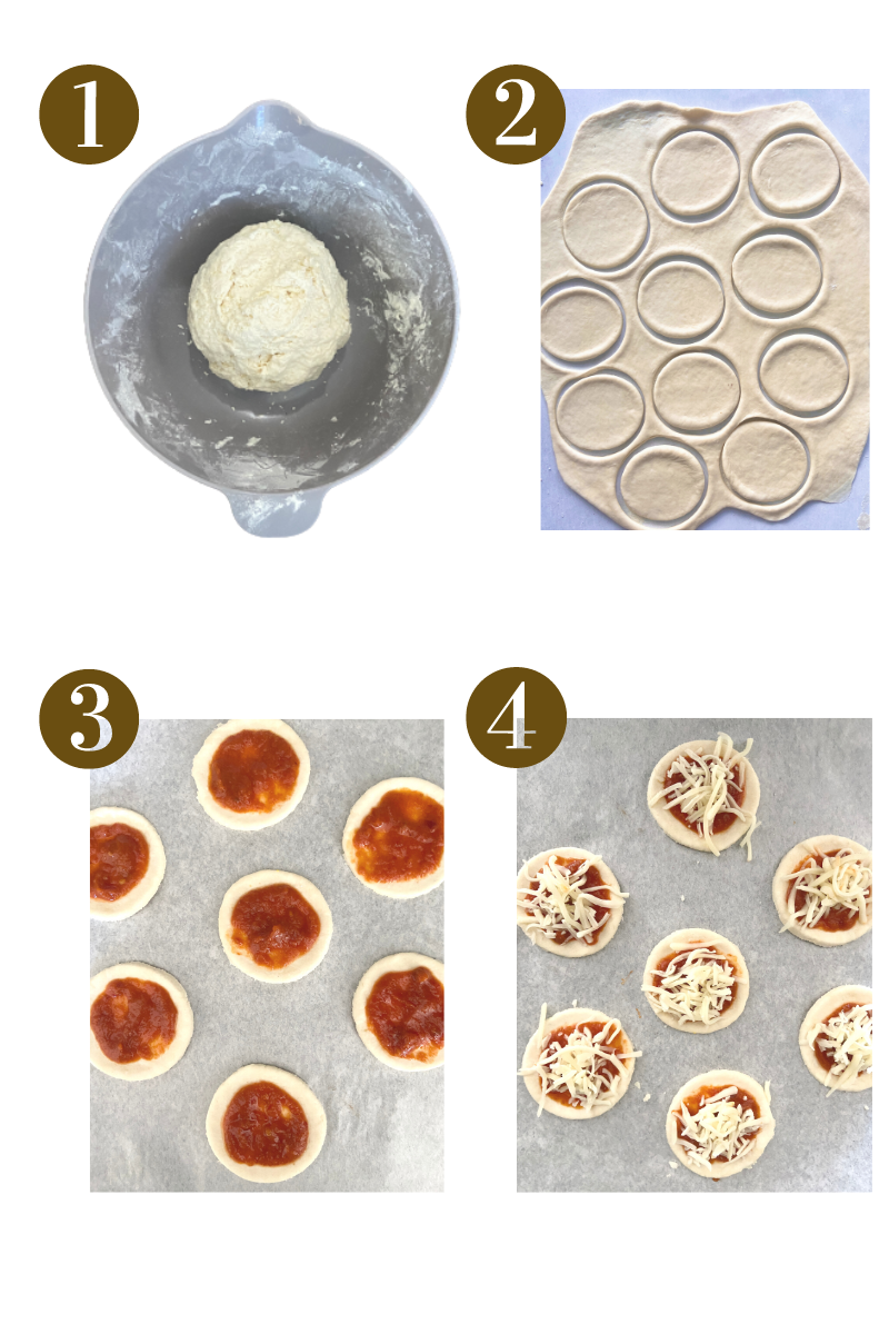 Steps to make homemade mini pizzas. Specifics provided in recipe card.