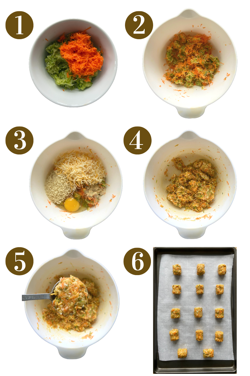 Steps to make zucchini carrot tots