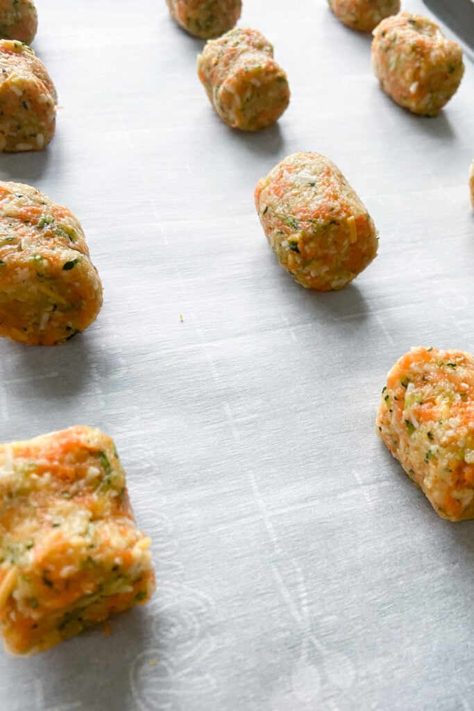 Zucchini carrot tots ready to bake