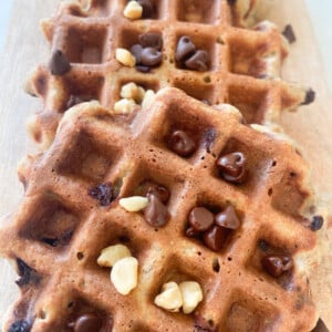 Banana oat waffles with chocolate chips and pecans