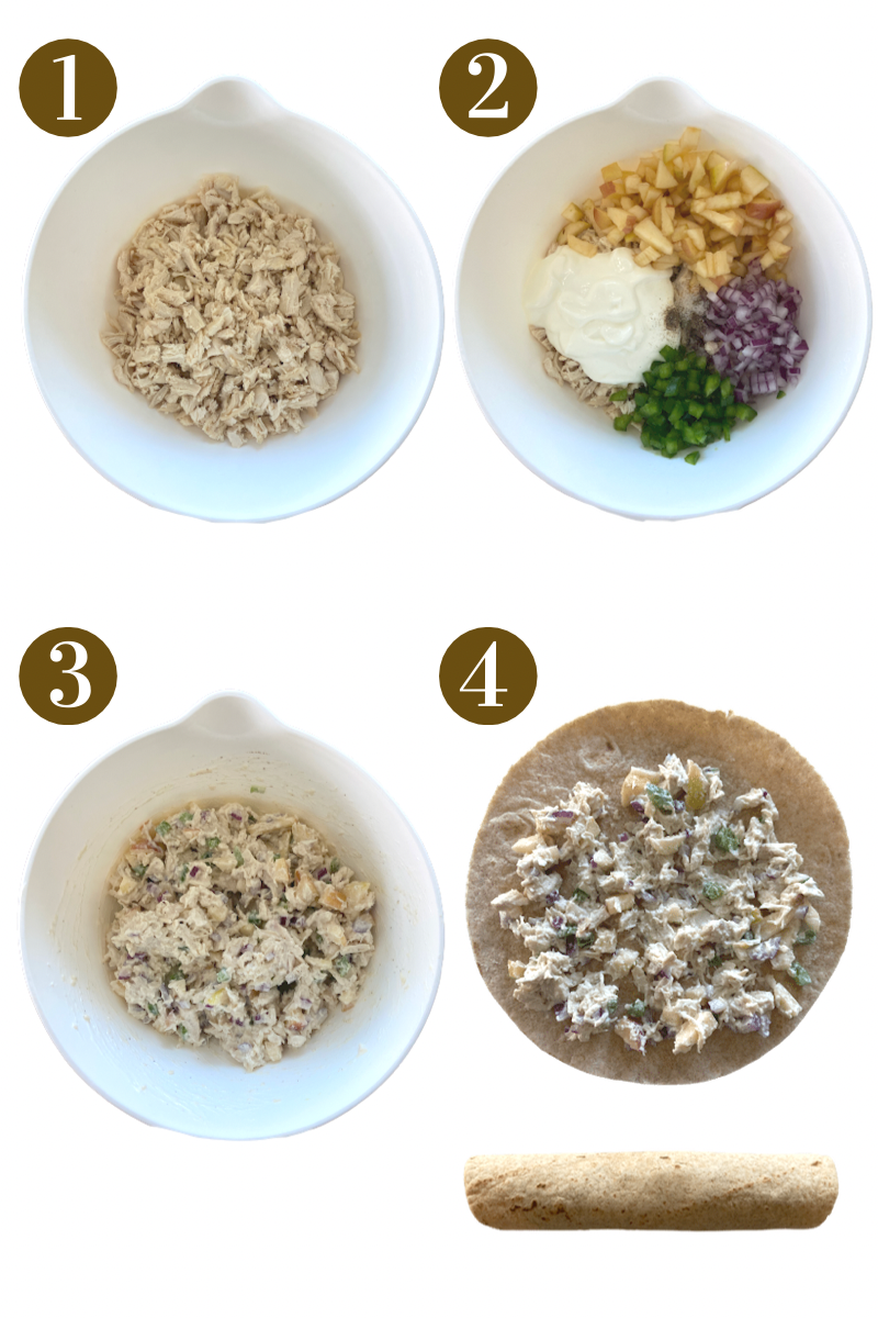 Steps to make chicken salad roll ups.