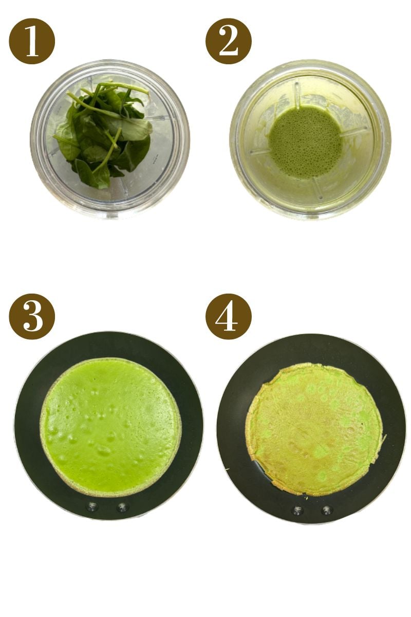 Steps to make spinach crepes.