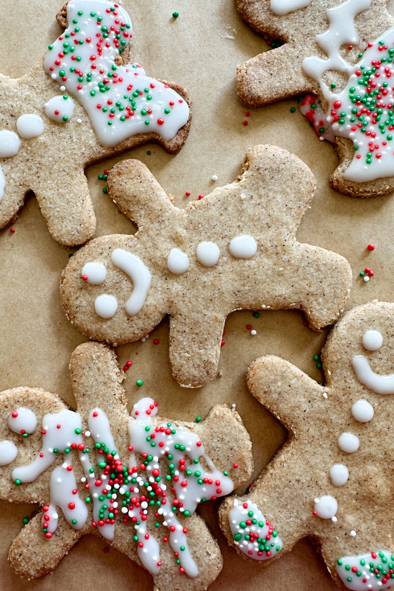 Gingerbread cookies freshly baked and decorated with icing.