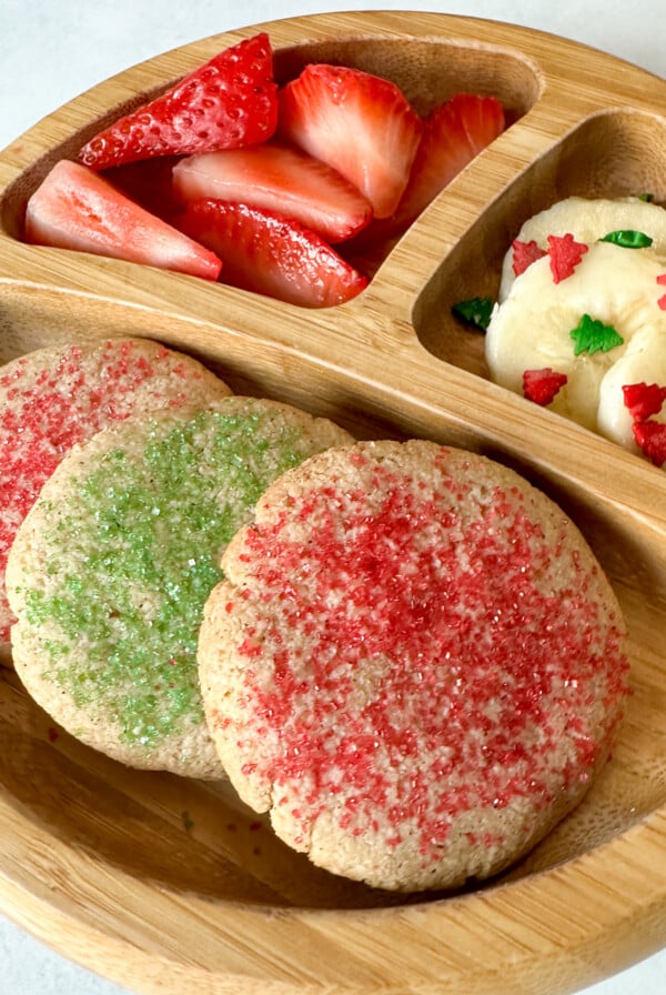 Soft ginger almond flour cookies served with fruits.