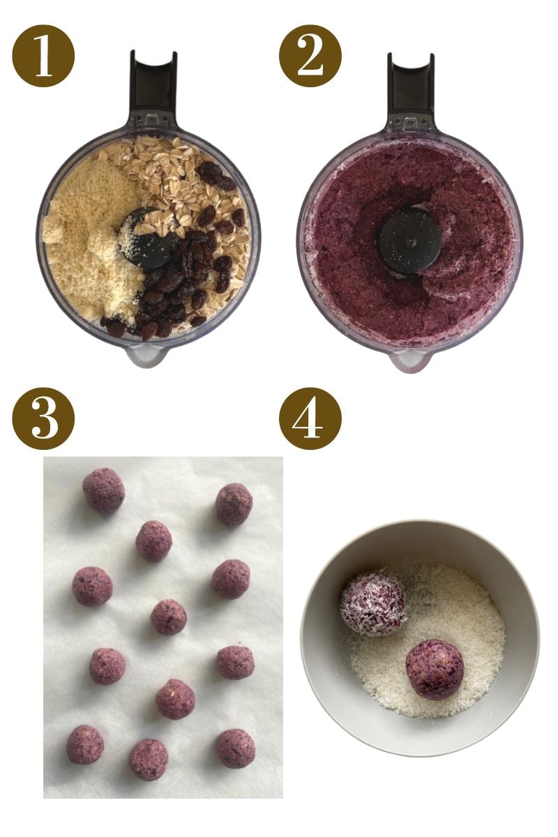 Steps to make blueberry bliss balls.