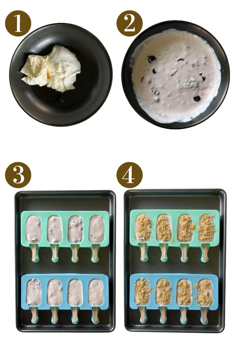 Steps to make blueberry cheesecake popsicles.