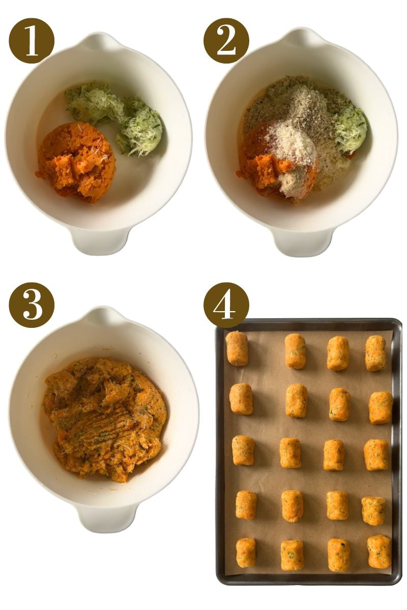 Steps to make sweet potato zucchini tots.