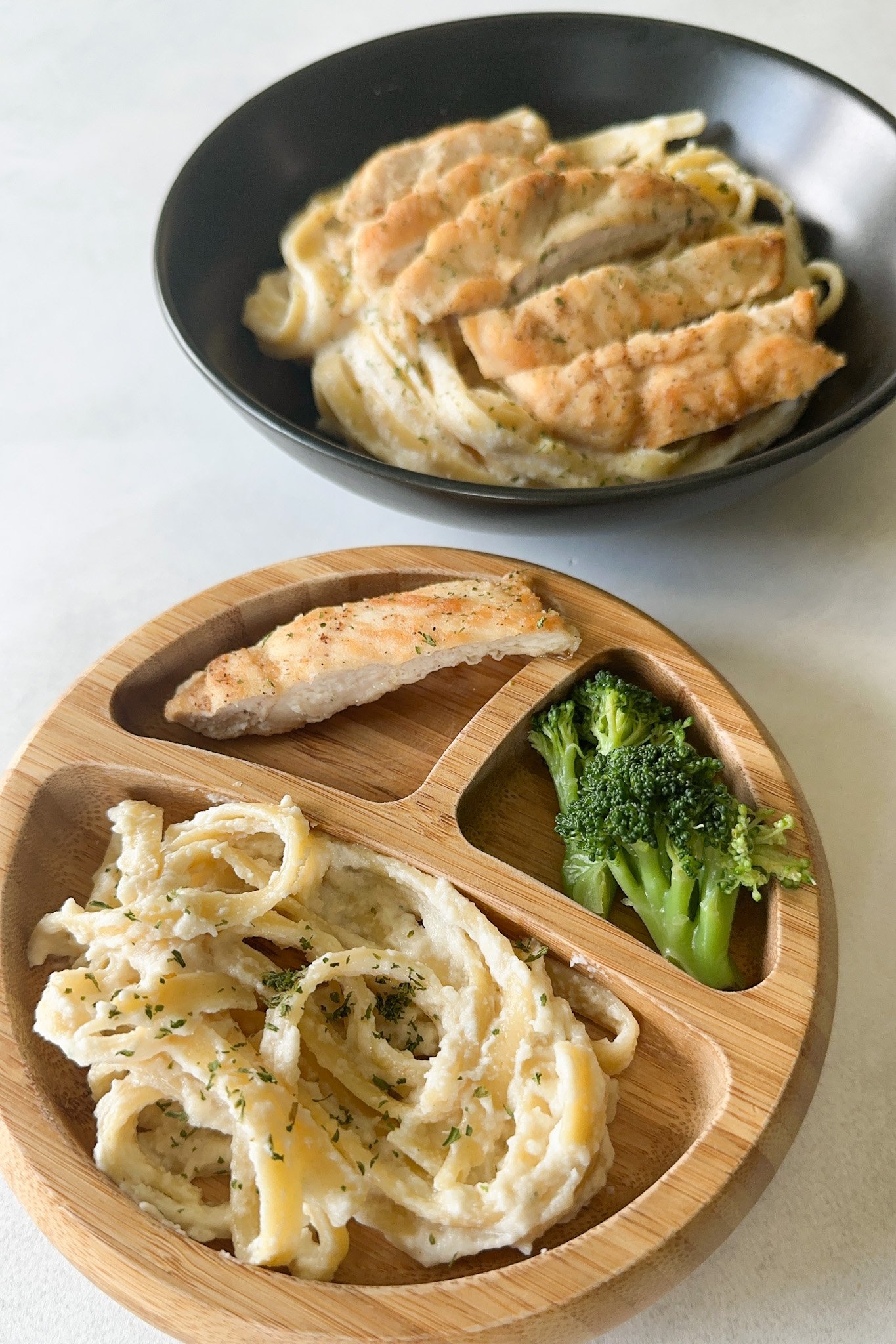 Cauliflower pasta baby and adult plates.