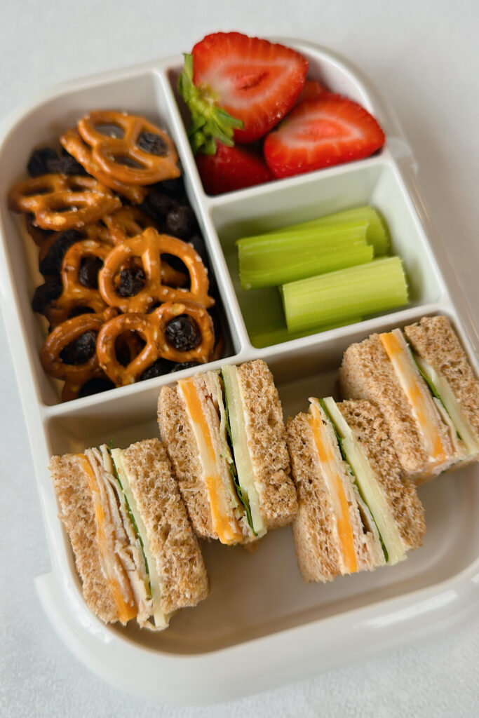 Mini turkey and cheese sandwiches served with pretzels, raisins, celery, and strawberries.