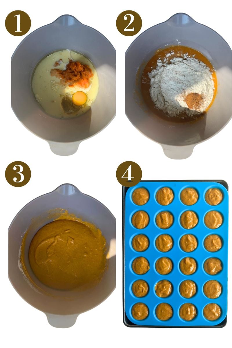 Steps to make mini pumpkin muffins.