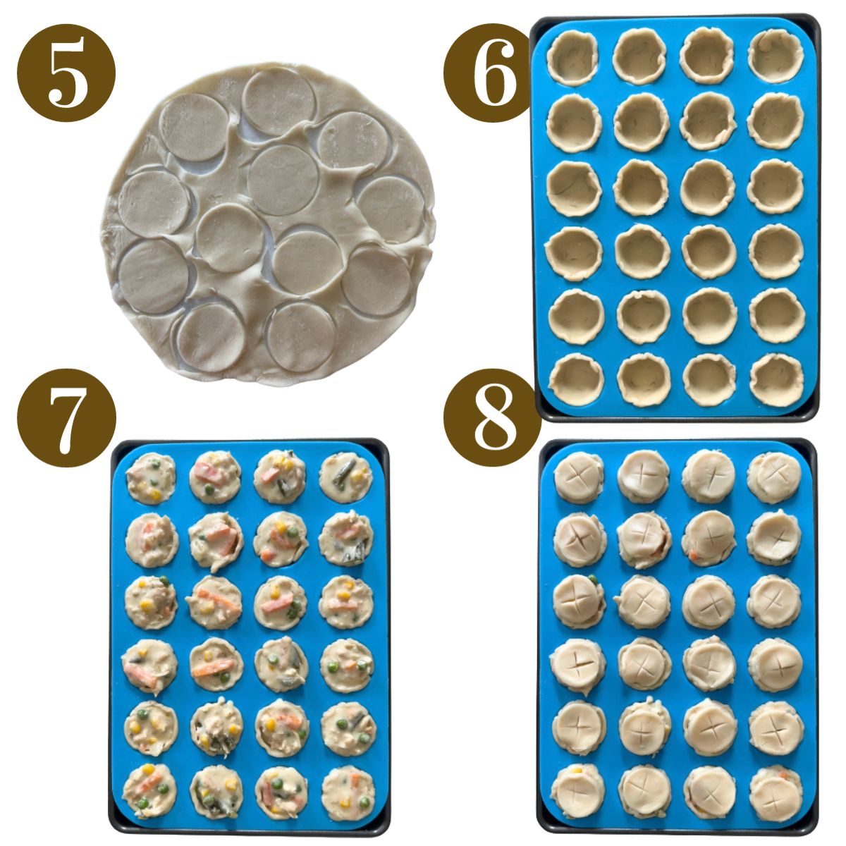 Assembling mini pot pies in muffin pan.