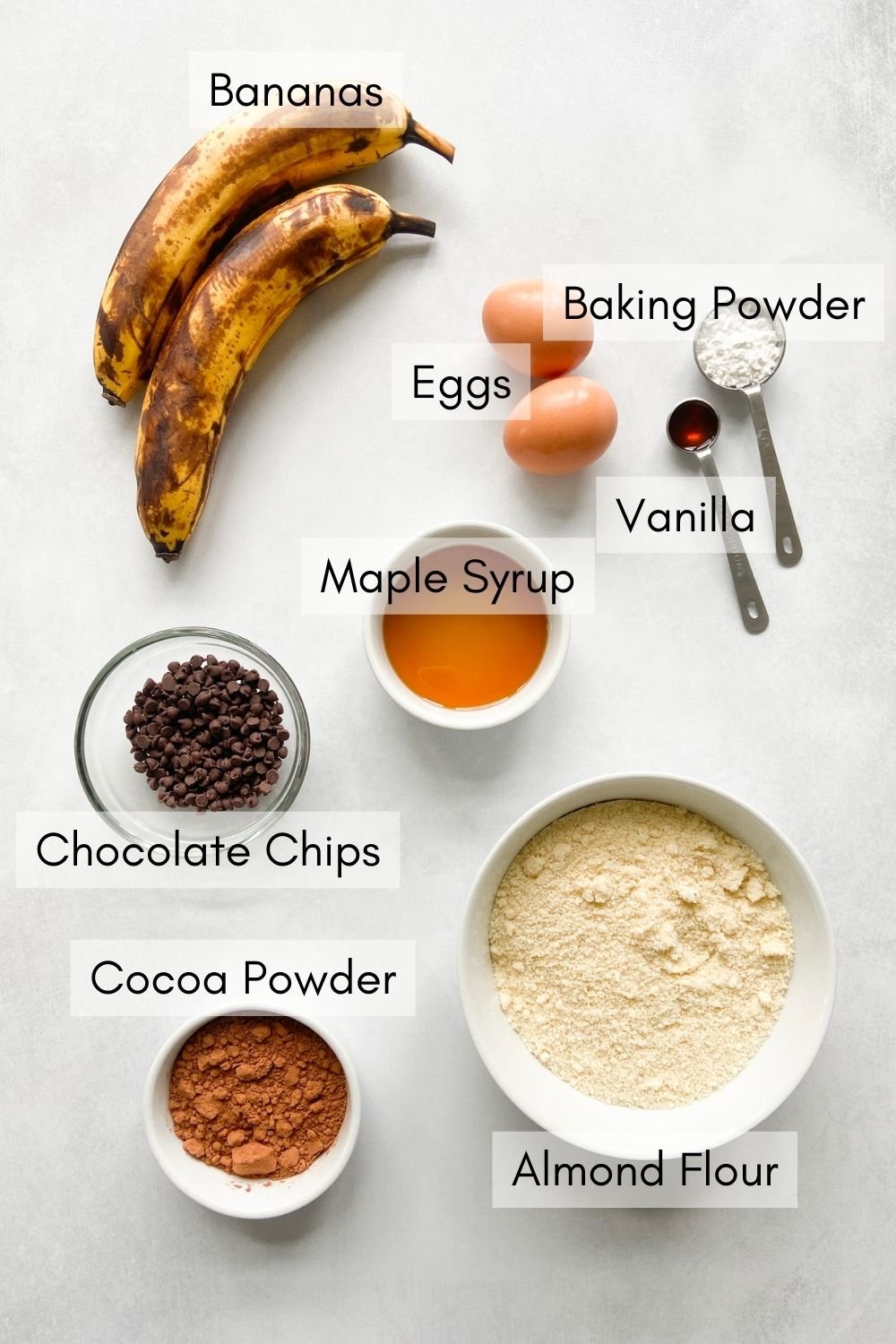 Ingredients to make chocolate banana brownie muffins.