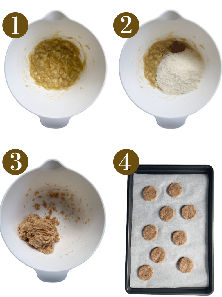 Steps to make coconut cookies. Specifics provided in recipe card.