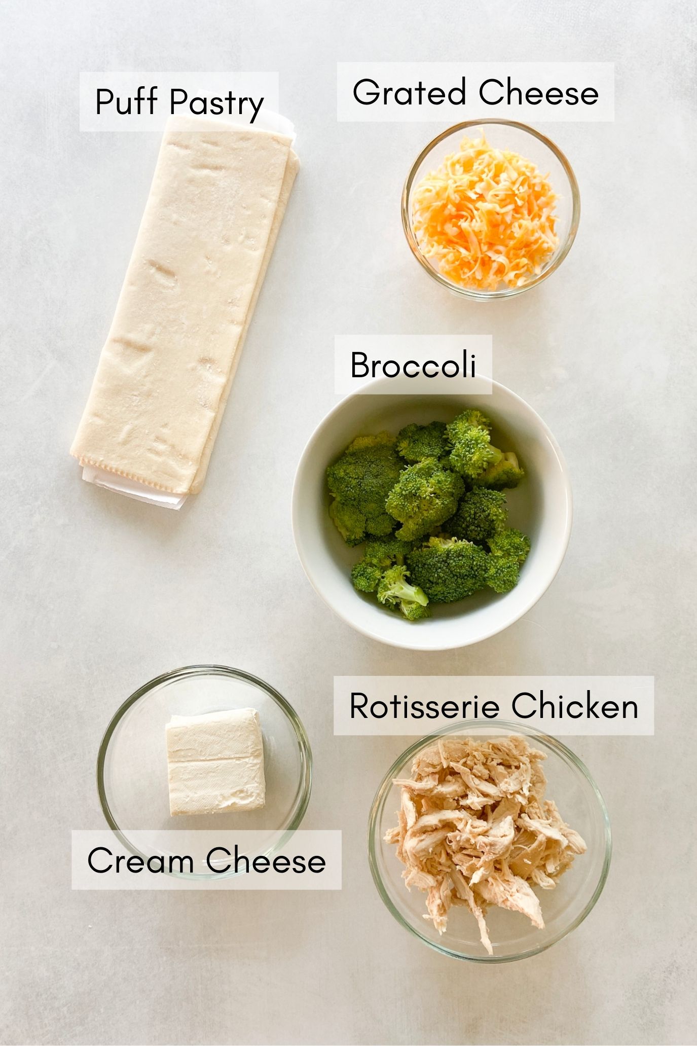 Ingredients to make broccoli and cheese pinwheels.