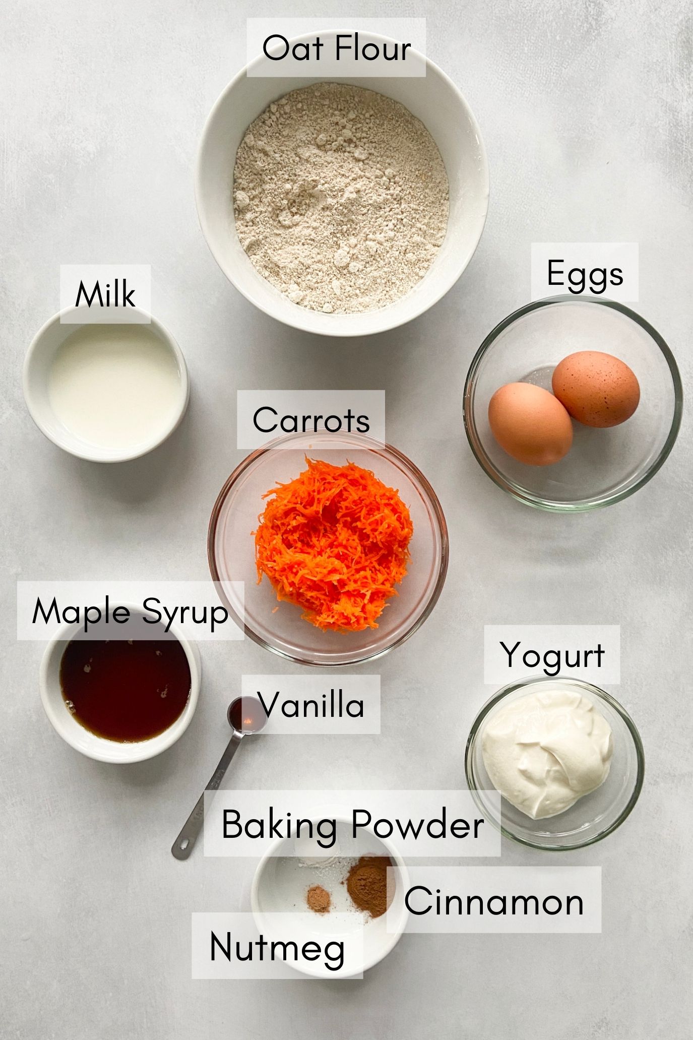 Ingredients to make carrot cake muffins.