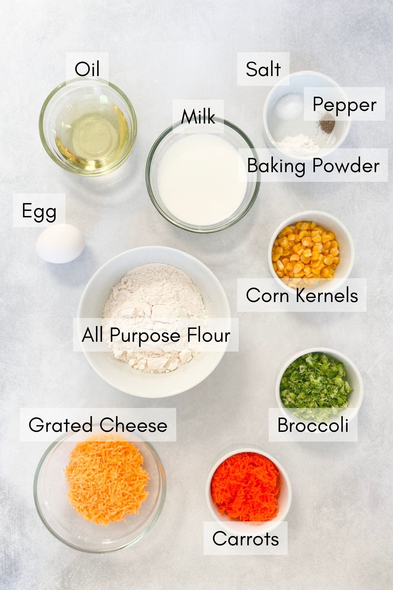 Ingredients to make savory vegetable muffins.