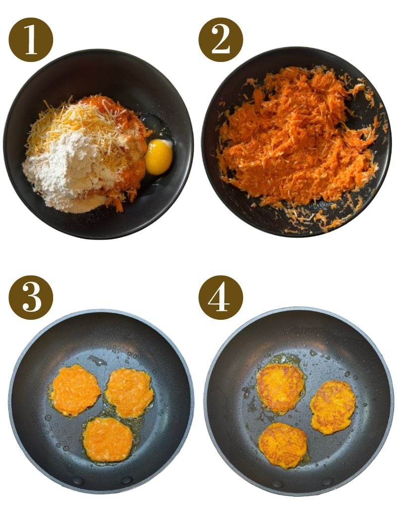 Steps to make carrot fritters.