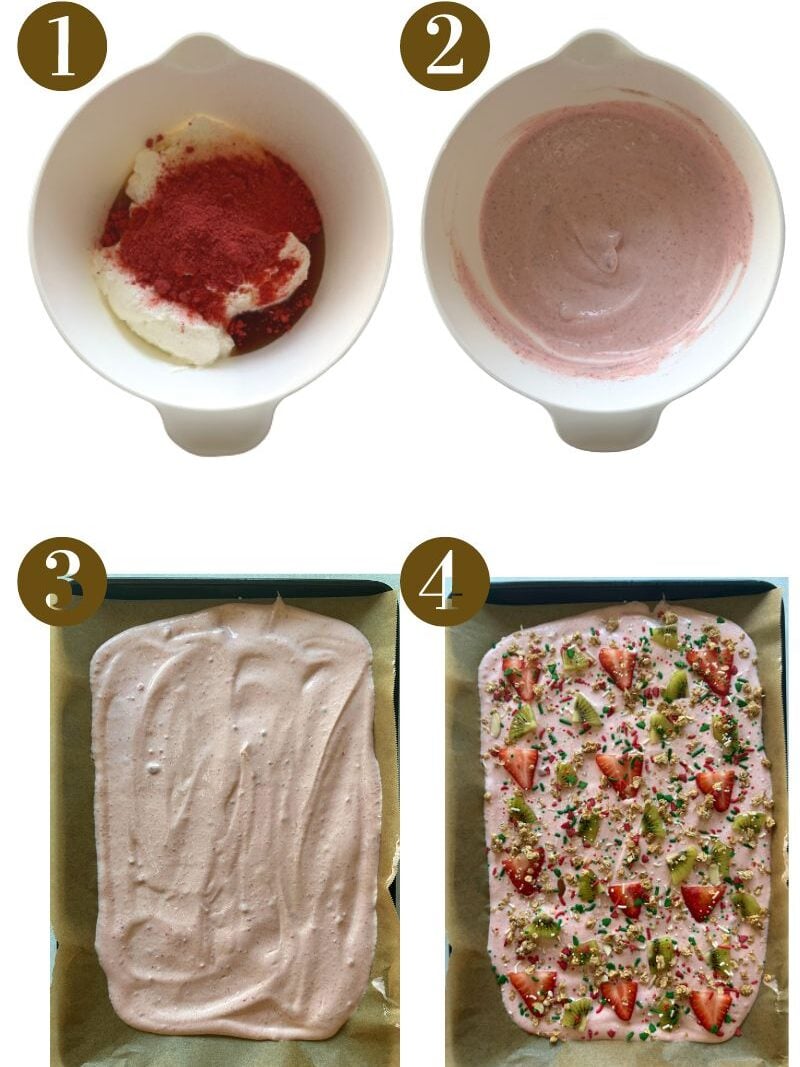 Steps to make strawberry yogurt bark.
