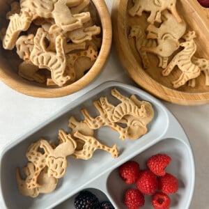 Animal crackers served with blackberries and raspberries.