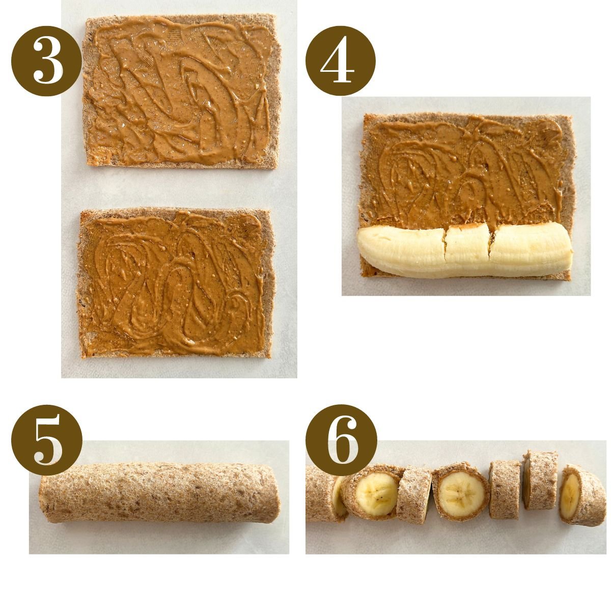 Steps to make peanut butter banana sushi.